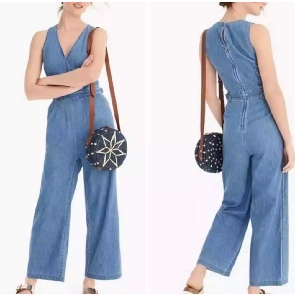 J. Crew Point Sur Chambray Zip Front Y2K Retro Cargo Pocket Jumpsuit - Size 6